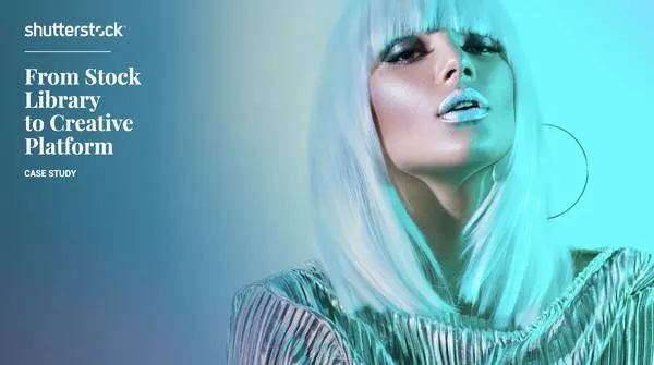Shutterstock case study card: From Stock Library to Creative Platform, over a teal-tinted portrait of a person in a platinum bob wig and metallic makeup.
